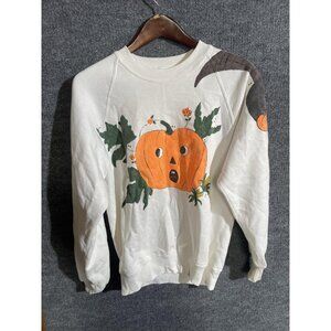 Vintage Jerzees Sweatshirt Mens Large White Pumpkin Halloween Graphic Fleece 90s